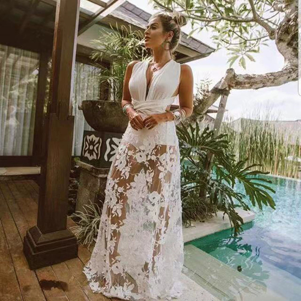 ZARA Summer New Fashion Sexy Deep V Lace Hollow Out Beach Dress Evening Gown